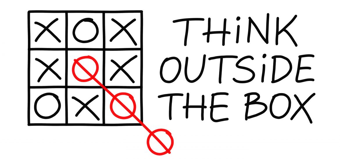 Think Outside The Box tic-tac-toe game concept on white background.